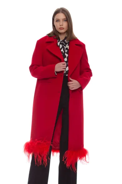 KOCCA - LONG RED FEATHER FRINGED COAT